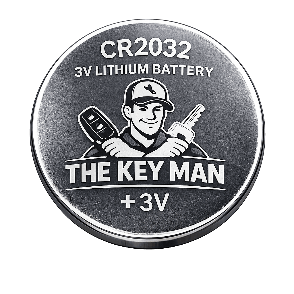 CR2032 key fob battery labeled The Key Man used in car key and key fob programming