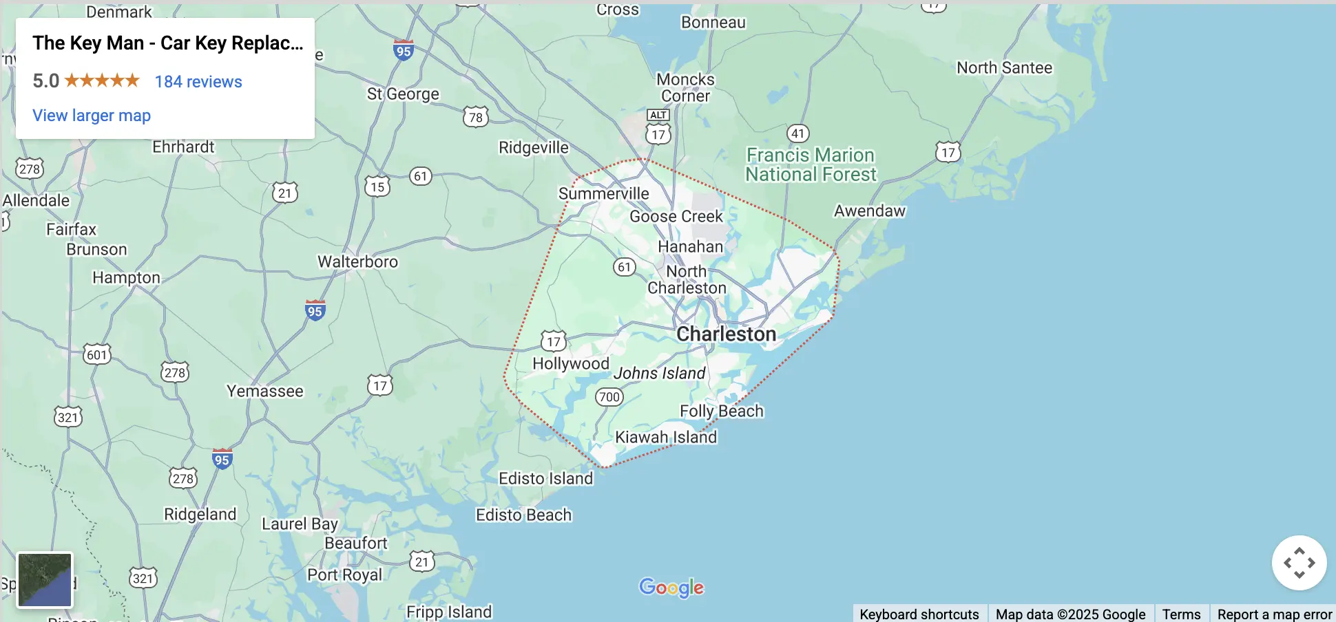 Map showing The Key Man mobile locksmith service area in Charleston, South Carolina